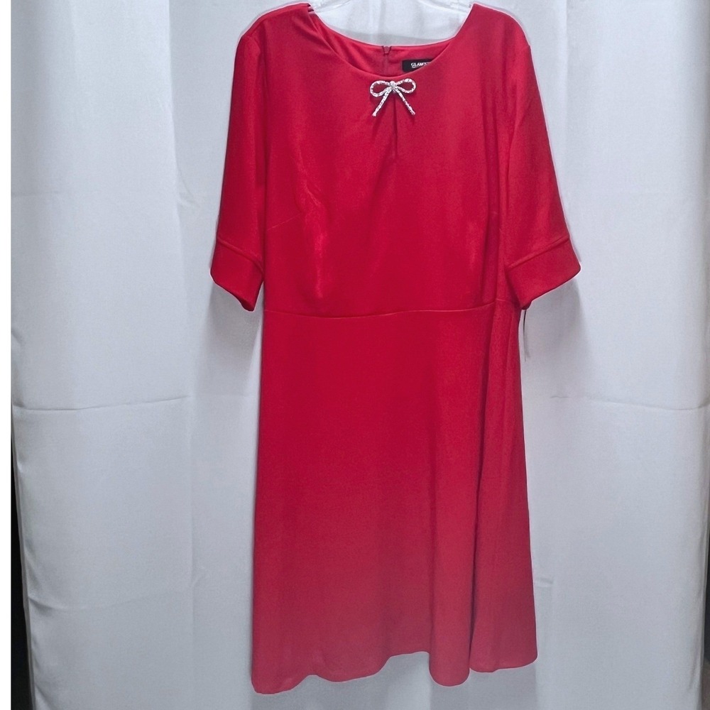 Glamour Red Dress‎ 22W Bow Rhinestone Detail Career Cocktail Party Knee Length